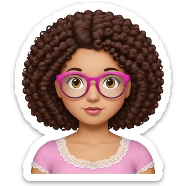 medium-light kinned afro-latina girl with medium length chocolate brown side part curly hair, brown glasses, brown eyes, pink and white sweetheart necklined top with lace, round wide-ish nose, chubby oblong face sticker