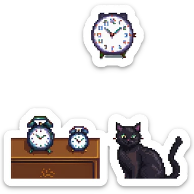 black cat waiting for salary looks at clocks sticker