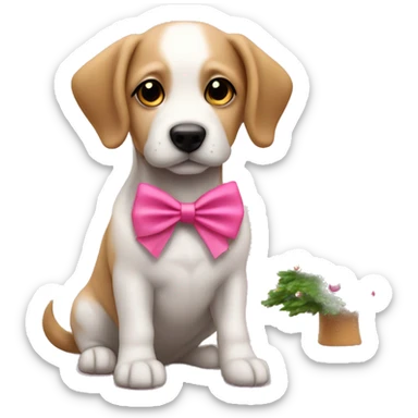 Dog with a pink bow on its head sitting by a Christmas tree ￼ sticker