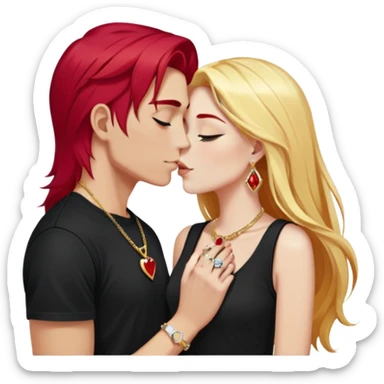 close-up of 20 year old couple kissing, girl with long cherry red hair, blonde eyebrows, gold necklace with letter A, diamond gold ring, red bracelet, boy with bright white hair wearing silver ring with black stone and dark t-shirt sticker