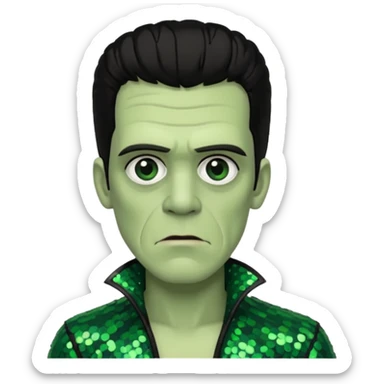 Frankenstein with black hair, dark green sequin outfit sticker