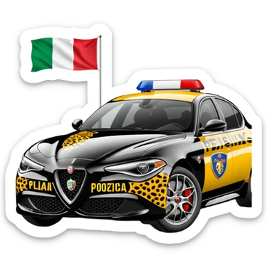 crea auto di servzio alfa romeo giulia colore nero con la scritta sul lato polizia penitenziaria e la un leopardo e la bandiera italiana sticker