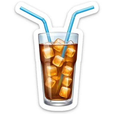 a glass of soda with ice and a straw sticker