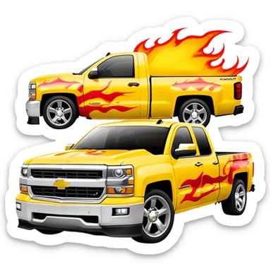 Bright yellow Chevrolet Silverado with bold airbrushed red flame artwork covering entire hood and extending to fenders, authentic Kill Bill custom paint job, 30-degree angle, iOS emoji style sticker