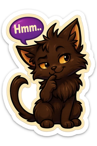 a dark-brown fluffy cute kawaii anime cat with tufted ears and a long thin tufted tail, thinking, smirking thoughtfully, saying “Hmm..” with a purple speech bubble, (cartoon style) (furry style) (deviantArt style) (artist style: Kamirah) sticker