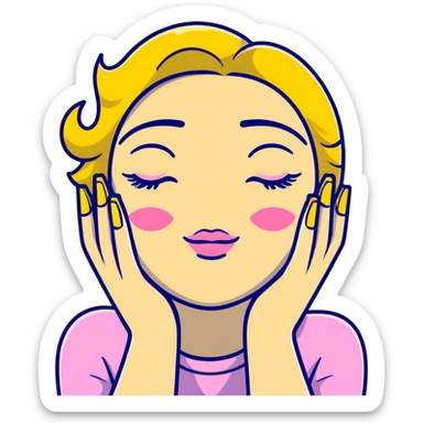 cartoon sticker of a yellow nodding face, closed eyes with big lashes, full lips, hands with long pink nails sticker