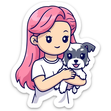 Girl with long flowing pink hair holding a white schnauzer dog sticker