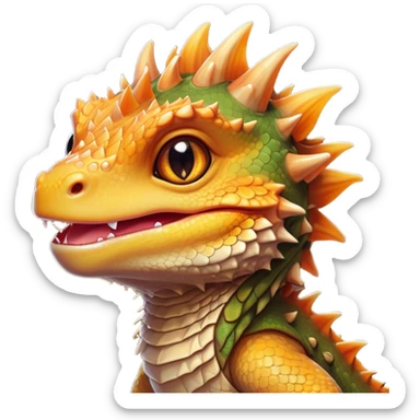 Cinematic Cute Bearded Dragon Portrait Emoji, Head tilted playfully and inquisitively, featuring a glossy, scaled hide in warm olive hues with an adorably scrunched spiky beard and round, sparkling eyes full of curious mischief, Simplified yet irresistibly adorable features, highly detailed, glowing with a warm, friendly glow, high shine, affectionate and lively, stylized with a touch of rugged whimsy, bright and endearing, soft glowing outline, capturing the essence of a mischievous yet loving dragon, so playful it feels like it could scamper out of the screen into your arms! sticker