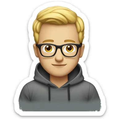 white geek with square spectacles and hoodie sitting infront of laptop sticker