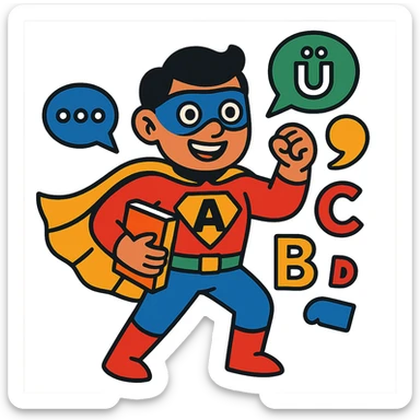 super hero character themed around language learning, with books, speech bubbles, or letters as motifs, fun and inviting style sticker