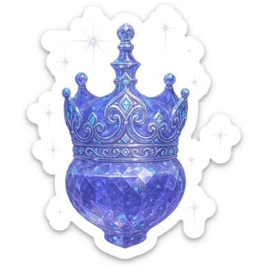 išskirtinai prabangus eliksyro buteliukas, karūnėlės forma, spalva #7986cb, daugiasluoksniai holografiniai ir sidabriniai ornamentai, kristalo tekstūra, daug magiškų švytėjimų ir žėrėjimo, šviesos spinduliai, labai mažas kaklelis, dailiai sujungta, vientisa, užapvalinta apačia (ne plokščia kaip stiklinės), skaidrus fonas, buteliukas aiškiai plūduriuoja ore, be pagrindo ar šešėlio, nestovi, modernus, kolekcijai tinkamas, ypatingai gražus sticker