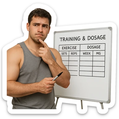 realistic young muscular inexperienced man standing in front of a whiteboard with a training and dosage chart, holding a pen, indecisive expression, muscles swollen but not sculpted, study atmosphere, isolated on white background sticker