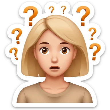 Confused woman with tilted head and question marks circling around her sticker