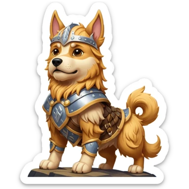 valorous Viking dog in Valhalla, detailed armor, heroic pose, glowing sky sticker