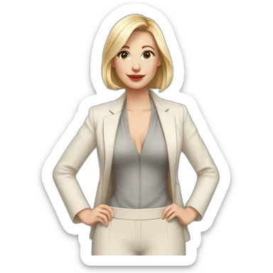 Full height Actively gesturing with hands pale skin woman with ash blonde Straightened bob Hair, White Spacious classical jacket, beige palazzo Arrow pants and gray blouse sticker