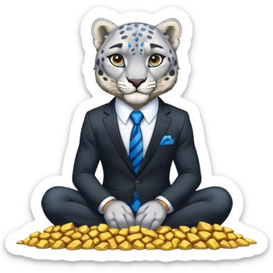 muscular snow leopard in black suit with blue tie sitting on pile of gold nuggets sticker