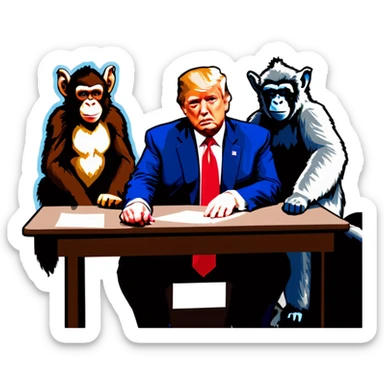 Stormy Daniels, a Monkey, a donkey, and Trump sit around a table sticker