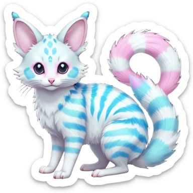  cute adorable whitish pastel fur with glowing random colorful neon-markings iridescent beautiful elegant pretty precious cute young youthful  Fakémon-Pokémon-alien-opossum-feline-serval-caracal-chinchilla-Minccino-hybrid-creature with a big fluffy bushy striped tail (full body) sticker