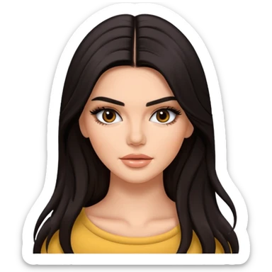 Kendall Jenner as an emoji, glamorous and stylish, long dark hair, elegant makeup, fashion-forward look sticker