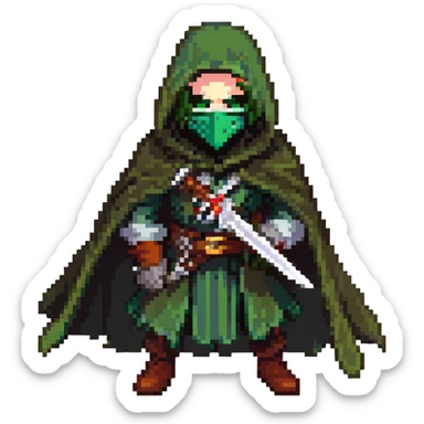 rogue character, green cloak, mask, crouched, holding a dagger sticker