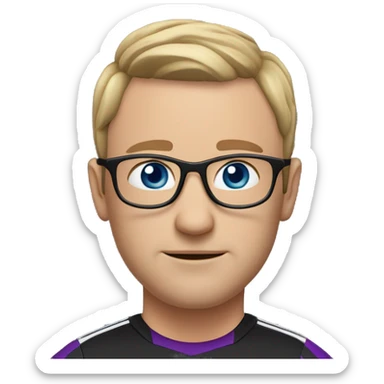 45-year-old man with a slightly round face, very short, short hair with a small central crest and a slightly receding hairline. He has blue eyes, subtle stubble, and wears a black and purple soccer jersey and rounded glasses sticker