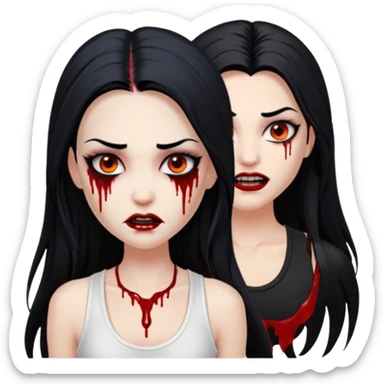 White woman with a white tank top long black hair glossy middle part long hair vamp look with fangs or blood dripping brown eyes eyeliner winged with lashes top and bottom sticker