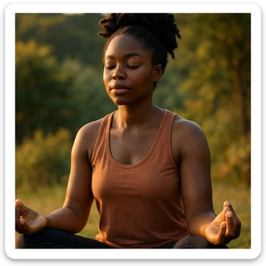 realistic style portrait of a black woman meditating, with a nature background and warm light sticker