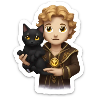 A sun warlock who is pale with brown hair and is holding a black kitten sticker