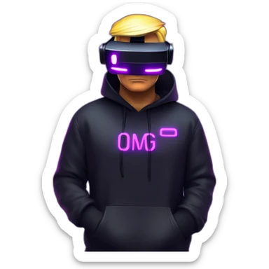 Donald Trump wearing a black hoodie with "OMG" letters on it and VR headset in a cyberpunk VR environment with violet neon lighting. sticker