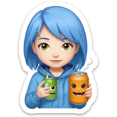 Chibi sticker of a woman with powder blue hair with white eyes hold a can of Monster with a smug smile; cozy style sticker
