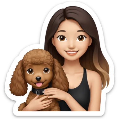 a asian girl with long straight balayage hair, long lashes, smiling, wearing black halterneck top, and holding a brown poodle sticker