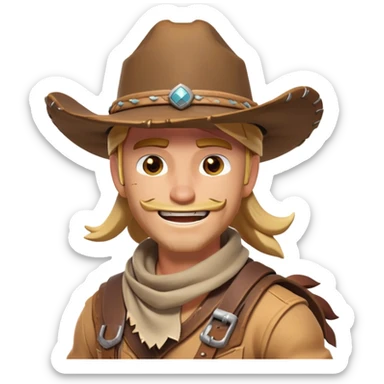 clash-of-clans-aesthetic_-cinematic-playful-cowboy-portrait-emoji, head-tilted with a roguish, cheeky grin and twinkling eyes, featuring a rugged, spirited build with a wide-brimmed cowboy hat and a weathered bandana on tan skin, riding a powerful galloping horse with dynamic flowing mane, reins gripped firmly in one hand and a lasso in the other, as dust swirls behind them in a vast desert landscape. sticker