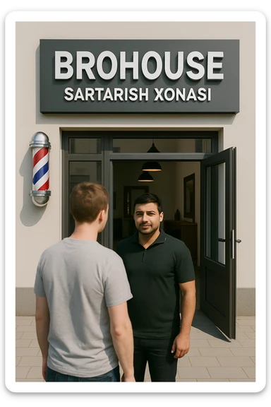 eni shu rasimga manashu odamga uxhshasin sartaosh eshik oldida tursin va tashqarida esa mijoz sticker