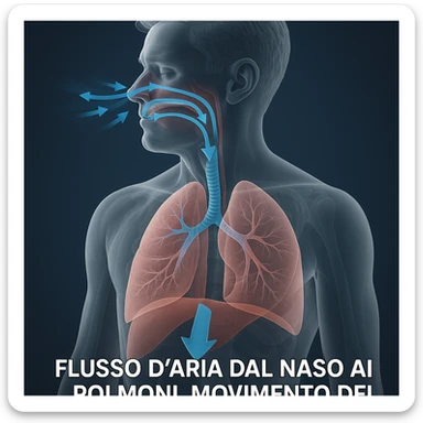 3D transparent view showing airflow from nose to lungs, diaphragm movement, caption in Italian sticker