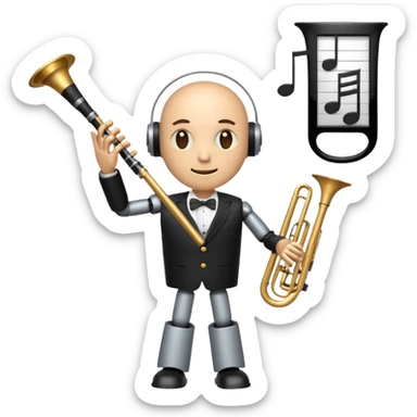 robot a sophisticated and elegant emoji that represents orchestration and arrangement. The design should feature a conductor’s baton, musical notes, and a symphonic score, symbolizing the process of arranging and orchestrating music. Incorporate instruments like a violin, trumpet, sticker
