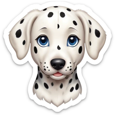 Cinematic Cute Spotted Dalmatian Portrait Emoji, Head tilted playfully and inquisitively, featuring a glossy Fur of predominantly white with dynamic black patches, round, sparkling blue eyes filled with gentle curiosity, Simplified yet irresistibly adorable features, highly detailed, glowing with a warm, friendly glow, high shine, affectionate and gentle, stylized with a touch of whimsy, bright and endearing, soft glowing outline, capturing the essence of a mischievous yet loving pup, so playful it feels like it could lumber out of the screen and into your arms! sticker