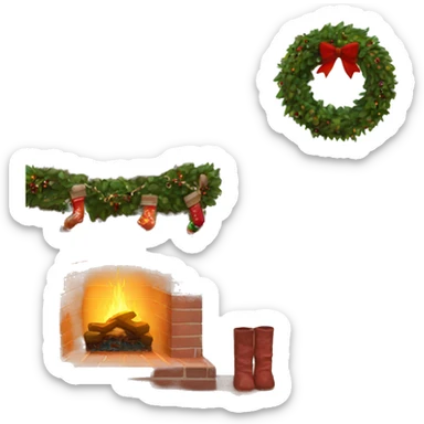 Brick Fireplace with wreath and Christmas lights and stockings sticker