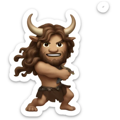 Minotaur with luxurious long brown hair swinging a large sword sticker