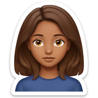 A girl with brown eyes and brown slightly wavy shoulder length hair and a center part sticker