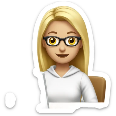 A girl tutor with glasses and blonde hair is sitting at a computer in a white sweatshirt sticker