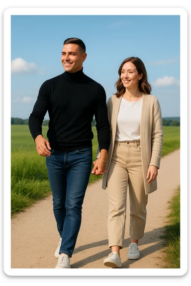 a couple walks together along a path, the man gently leading the way while the woman follows with trust and a smile. Both appear confident and content, symbolizing partnership and mutual respect. The background is a bright, open landscape, evoking a sense of shared journey and harmony. sticker