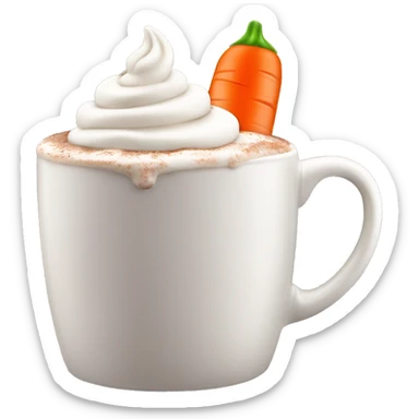 Realistic hot chocolate in pastel color mug with whipped cream on top and a carrot stuck through the whipped cream. sticker