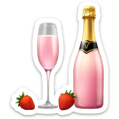 Realistic pink champagne bottle and pink clear glass full of the champagne with a strawberry in it. sticker