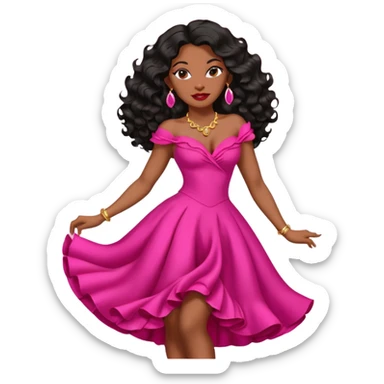 mature Black woman with long black wavy hair, pink lipstick, red dance dress, big earrings, confident expression sticker
