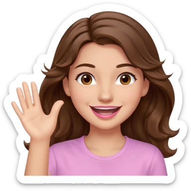 girl with wavy long brown hair, brown eyes, light to medium complexion, long lashes, light pink lipstick, smiling, wearing light pink shirt, slapping sticker