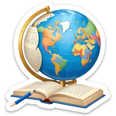 An icon featuring a globe with speech bubbles in different languages, symbolizing the study of foreign languages. The design includes a book and a pencil, representing learning and communication across cultures. Transparent background highlights the global nature of language education. sticker