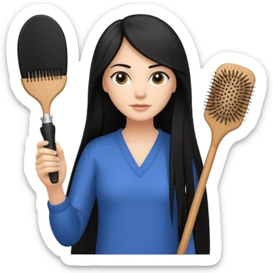 A white woman with long, straight black hair, holding a spray bottle in one hand and a wooden paddle hairbrush in the other. sticker