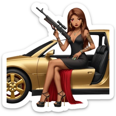 Lilith tan skinfemale red eyes symbol. Tattoo arms. Her hair is brown straight long hair.wearing sexy long elegant dress with slit. black stiletto thick platform high heels shoes on. Sitting on gold giant luxury car with cash inside . She is holding a sniper rifle in one hand cash in other hand sticker