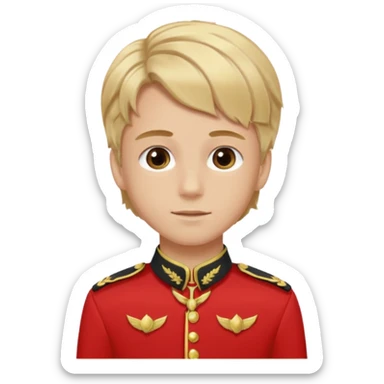 SARI SAÇLI SAÇININ YARISI SOLA DOĞRU DİĞERİNİN SAĞ TARAFTA AMA DÜZ DURAN KAHVERENGİ GÖZLÜ UZUN KİRPİKLİ BUĞDAY RENKLİ KIRMIZI ÜNİFORMALI BİR ERKEK ÇOCUK sticker
