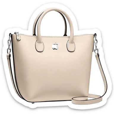 По центру стоит женская сумка в Apple-стиле мемоджи. Предметы лежат отдельно и рядом с сумкой: абонемент в спортзал (карточка), баночка энергетического напитка и тюбик красной помады. Предметы не наклеены на сумку, а просто лежат вокруг нее. Минималистичный дизайн, белый фон, премиальная атмосфера. sticker